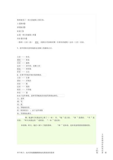 请举例说明汉语的主谓宾定状补