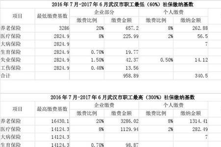 武汉每个区的社保缴费标准
