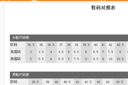 俄罗斯鞋子尺码表对照