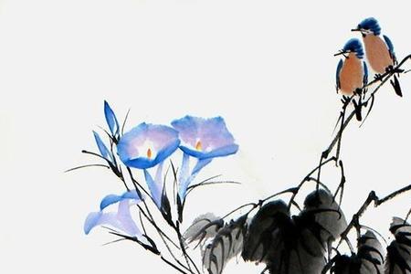 水墨画静夜玉米绕牵牛花寓意