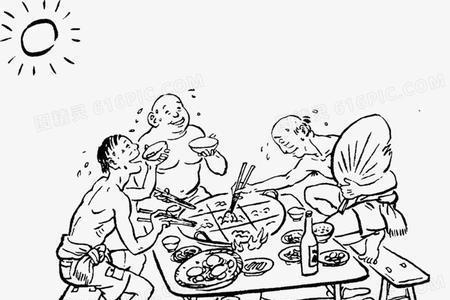 多个小朋友吃烧烤简笔画