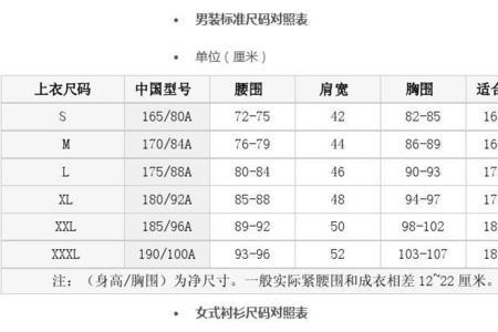 男士马甲尺码标准对照表