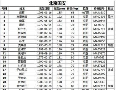 国安球员名单