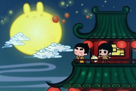 孩子围着吃月饼简笔画