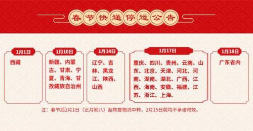 2019年春节哪些快递不停运