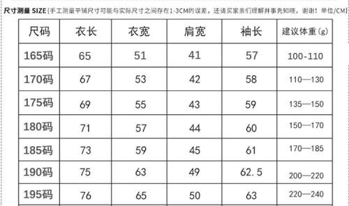 165尺码对照表